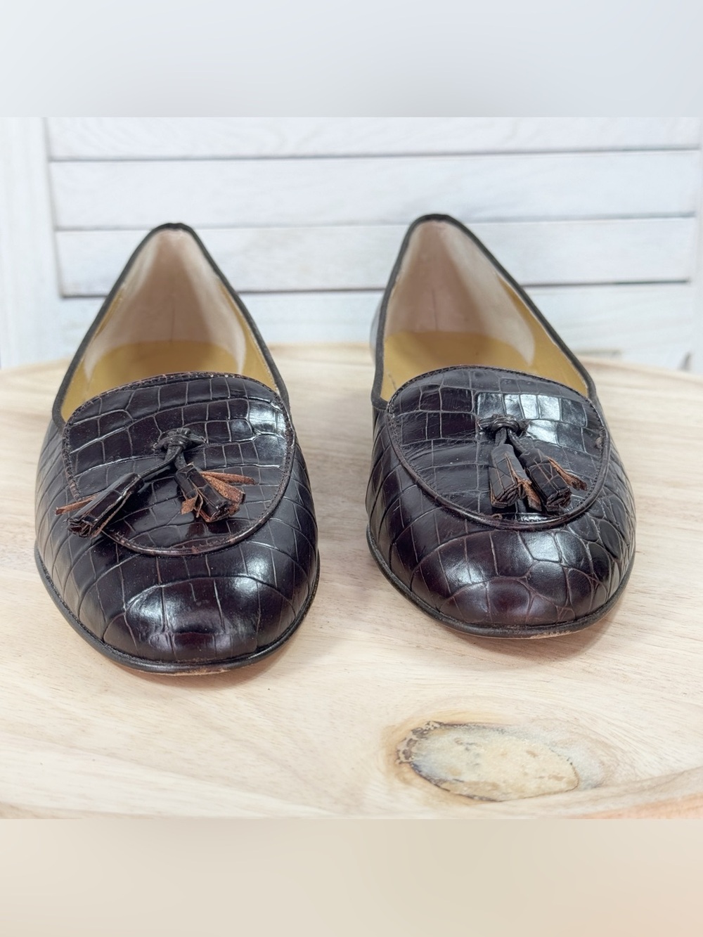 Brooks Brothers Croc Embossed Leather Tassel Loafers Brown 10 AA Narrow - Picture 2 of 11